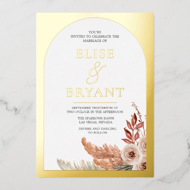 Invitación Con Relieve Metalizado Relieve metalizado dorado Boho Floral Boda blanco  (Anverso)