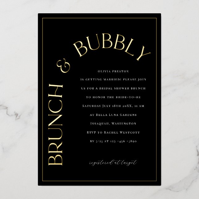 Invitación Con Relieve Metalizado Relieve metalizado dorado Brunch & Bubbly Bridal S (Anverso)