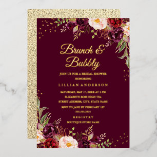 Invitación Con Relieve Metalizado RELIEVE METALIZADO DORADO Burgundy Brunch Floral Y