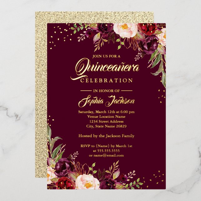 Invitación Con Relieve Metalizado RELIEVE METALIZADO DORADO Burgundy Floral Quincean (Anverso/Reverso)