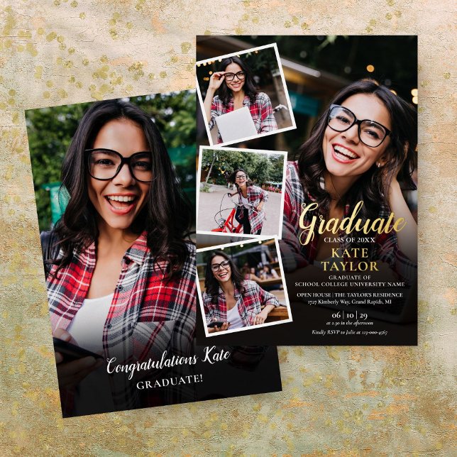 Invitación Con Relieve Metalizado Relieve metalizado dorado de fiesta de graduación  (Modern Photo Collage Graduation Party Gold Foil In Foil Invitation)