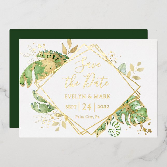 Invitación Con Relieve Metalizado Relieve metalizado dorado de follaje tropical Guar (Anverso/Reverso)