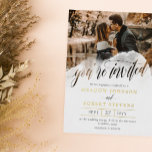 Invitación Con Relieve Metalizado Relieve metalizado dorado de Gossamer Overlay Foto<br><div class="desc">Invitación informal a la boda fotográfica con usted está escrita en una hermosa caligrafía a través de un transparente salpicón de acuarelas decorando su foto. Añadir otra foto al fondo de la invitación a la boda. Hermosa invitación a la boda fotográfica con tus nombres en Relieve metalizado dorado.</div>