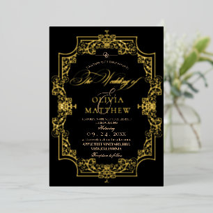 Invitación Con Relieve Metalizado Relieve metalizado dorado Elegance Black Script Bo