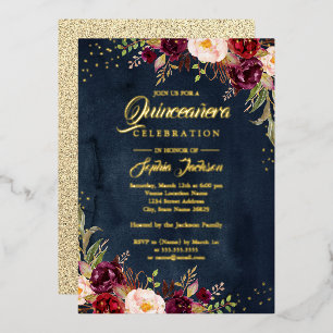 Invitación Con Relieve Metalizado RELIEVE METALIZADO DORADO Floral Marina Borgoña Or