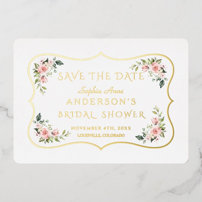 Invitación Con Relieve Metalizado RELIEVE METALIZADO DORADO Floral Rosa Ducha Bridal (Anverso)