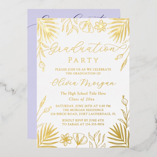 Invitación Con Relieve Metalizado Relieve metalizado dorado Floral Script Purple Gra (Anverso/Reverso)