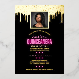 Invitación Con Relieve Metalizado Relieve metalizado dorado FOTO Rosa 15º cumpleaños