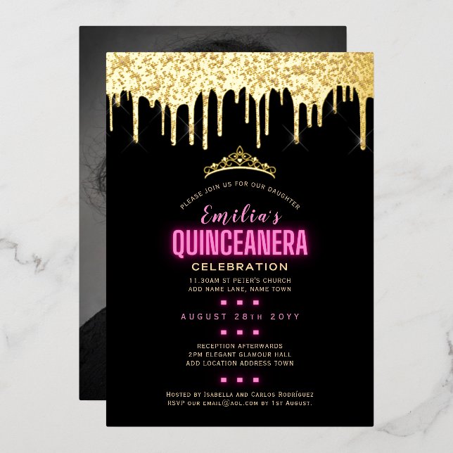 Invitación Con Relieve Metalizado Relieve metalizado dorado FOTO Rosa Noche Quincean (Anverso/Reverso)