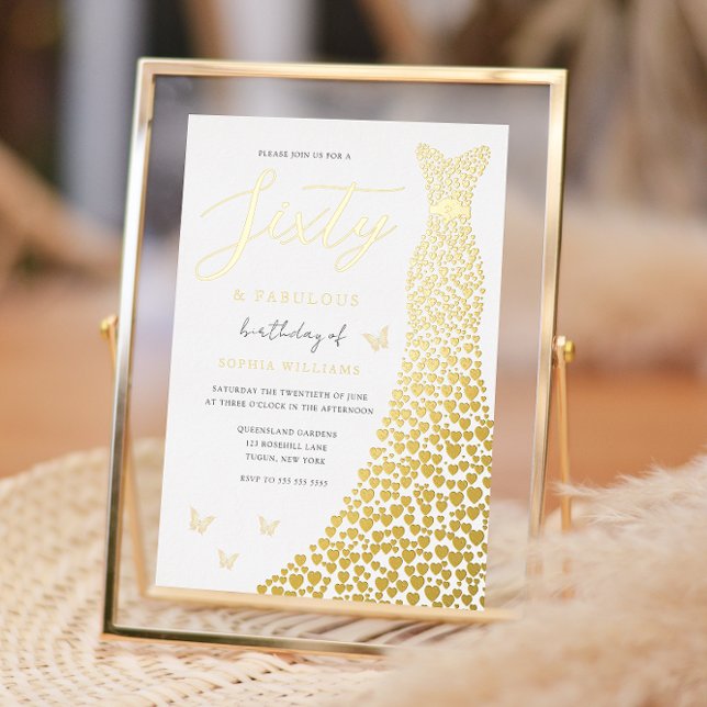 Invitación Con Relieve Metalizado Relieve metalizado dorado Heart Gown 60 cumpleaños (Subido por el creador)