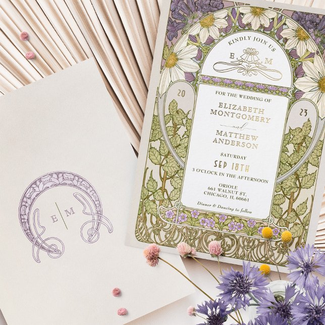 Invitación Con Relieve Metalizado Relieve metalizado dorado Lavender Daisies Boda Ar (Subido por el creador)