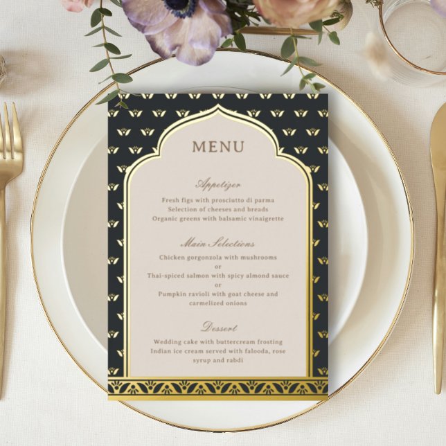 Invitación Con Relieve Metalizado Relieve metalizado dorado Lotus Flower Indian Boda (Black indian wedding reception menu, hindu wedding party menu, sangeet menu, mehndi menu, dholki)