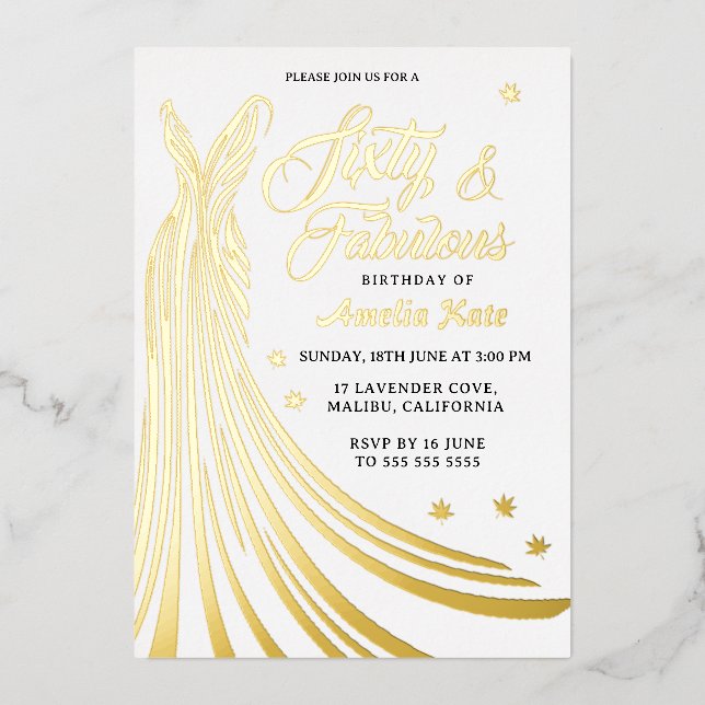 Invitación Con Relieve Metalizado Relieve metalizado dorado Luxury Gown 60th Birthda (Anverso)