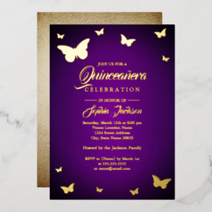 Invitación Con Relieve Metalizado RELIEVE METALIZADO DORADO Mariposa Púrpura Quincea