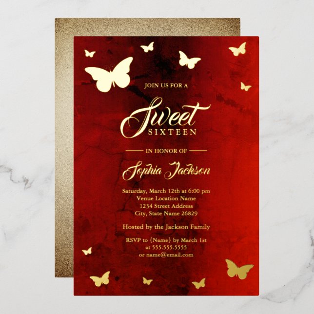 Invitación Con Relieve Metalizado RELIEVE METALIZADO DORADO Mariposa Roja Dulce 16 F (Anverso/Reverso)