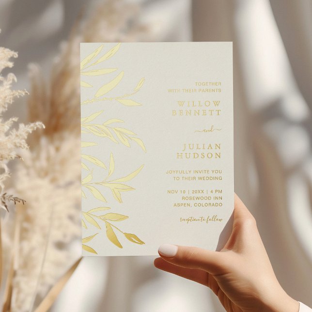 Invitación Con Relieve Metalizado Relieve metalizado dorado moderno deja Boda (Modern Gold Foil Leaves Wedding Foil Invitation by Painted Paperie
)