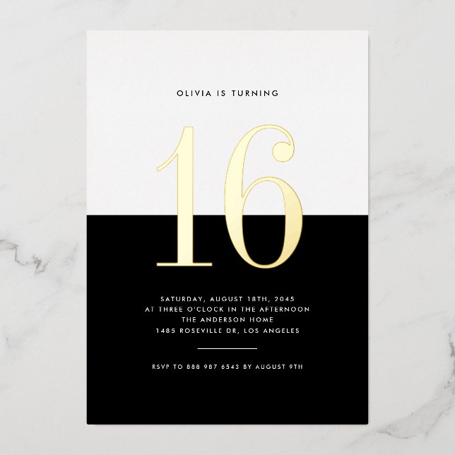 Invitación Con Relieve Metalizado Relieve metalizado dorado moderno negro y blanco d (Anverso)