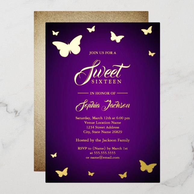 Invitación Con Relieve Metalizado RELIEVE METALIZADO DORADO Morado Mariposa dulce 16 (Anverso/Reverso)