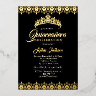 Invitación Con Relieve Metalizado Relieve metalizado dorado negro Tiara Quinceanera
