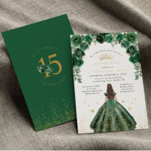 Invitación Con Relieve Metalizado Relieve metalizado dorado Quinceañera floral verde