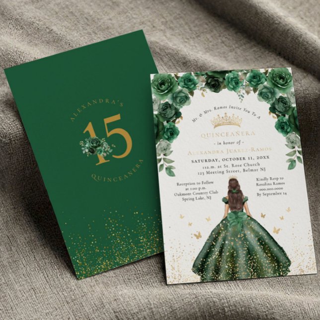Invitación Con Relieve Metalizado Relieve metalizado dorado Quinceañera floral verde (Subido por el creador)