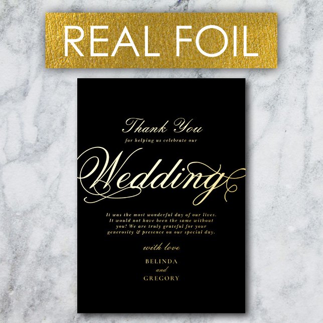 Invitación Con Relieve Metalizado Relieve metalizado dorado Real Boda Negro de Lujo  (Real Gold Foil Luxury Black Wedding Thank You Foil Invitation)