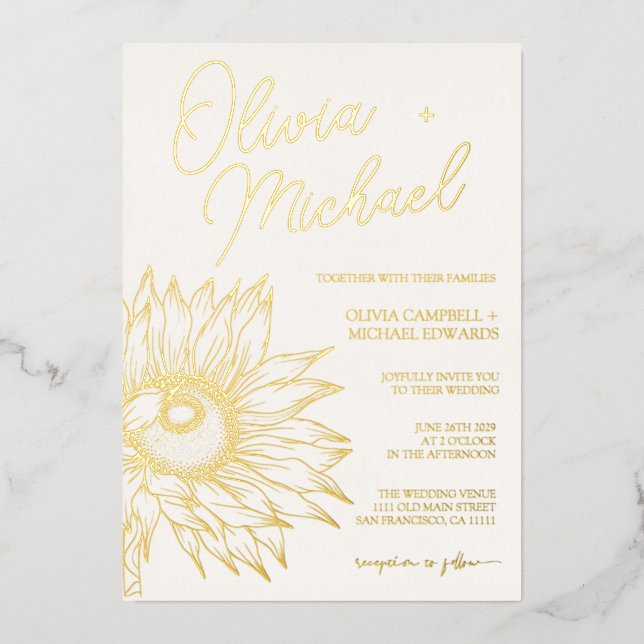 Invitación Con Relieve Metalizado Relieve metalizado dorado real de girasol Boda Min (Anverso)