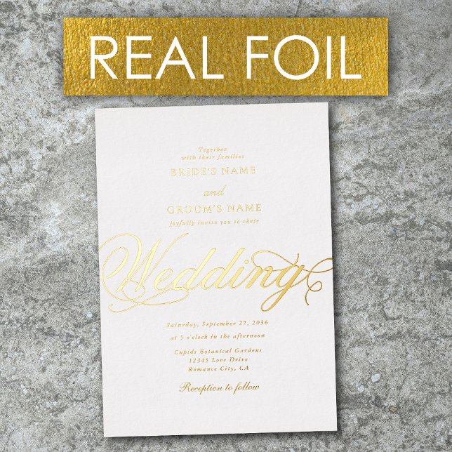 Invitación Con Relieve Metalizado Relieve metalizado dorado Real Elegante Boda Blanc (Real Gold Foil Elegant Classy Luxury White & Gold Foil Invitation)