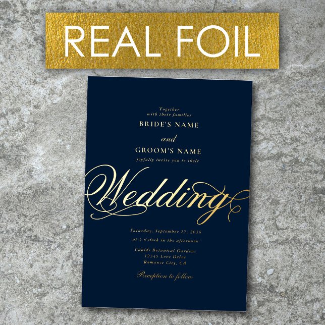 Invitación Con Relieve Metalizado Relieve metalizado dorado Real Elegante Boda de Ma (Real Gold Foil Elegant Classy Luxury Navy Blue Foil Invitation)