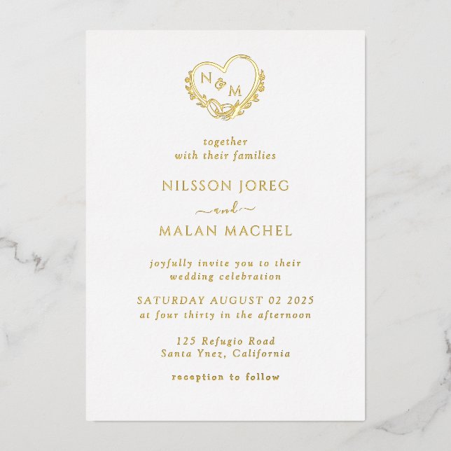 Invitación Con Relieve Metalizado Relieve metalizado dorado Real Elegante Boda de mo (Anverso)