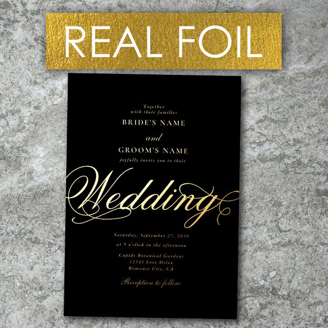 Invitación Con Relieve Metalizado Relieve metalizado dorado Real Elegante Clásico Bo (Real Gold Foil Elegant Classy Luxury Black Gold Foil Invitation)