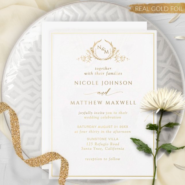 Invitación Con Relieve Metalizado Relieve metalizado dorado Real Elegante Monograma  (Subido por el creador)
