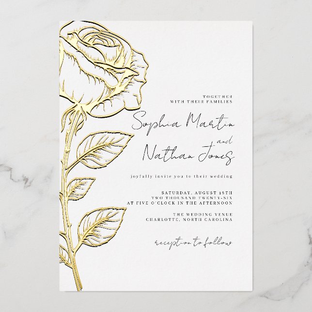 Invitación Con Relieve Metalizado Relieve metalizado dorado Real Elegante Rosa Boda (Anverso)