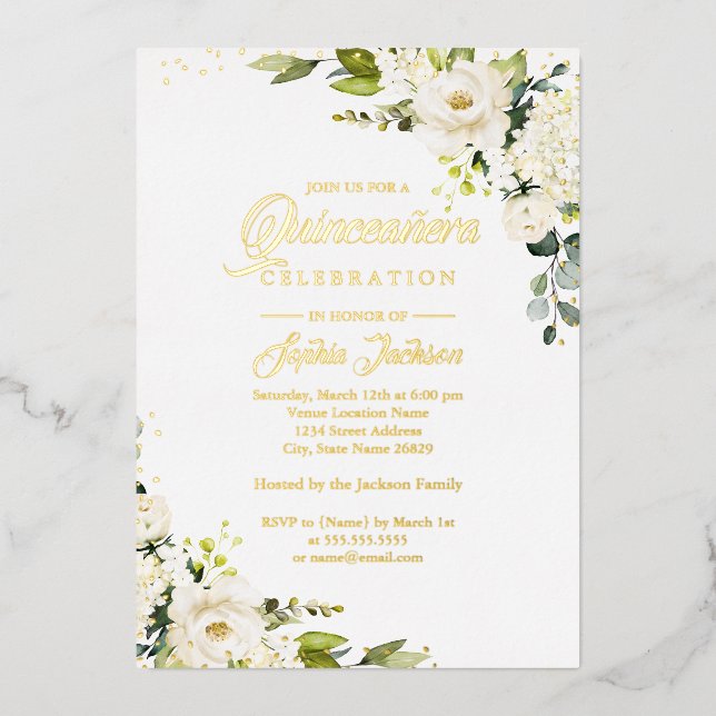 Invitación Con Relieve Metalizado RELIEVE METALIZADO DORADO REAL Oro Floral Quincean (Anverso)