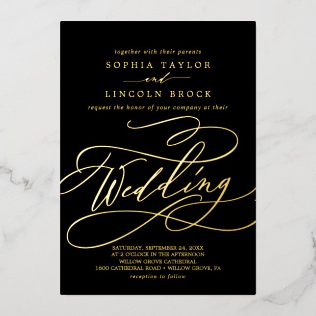 Invitación Con Relieve Metalizado Relieve metalizado dorado romántico | Boda Black F (Anverso)