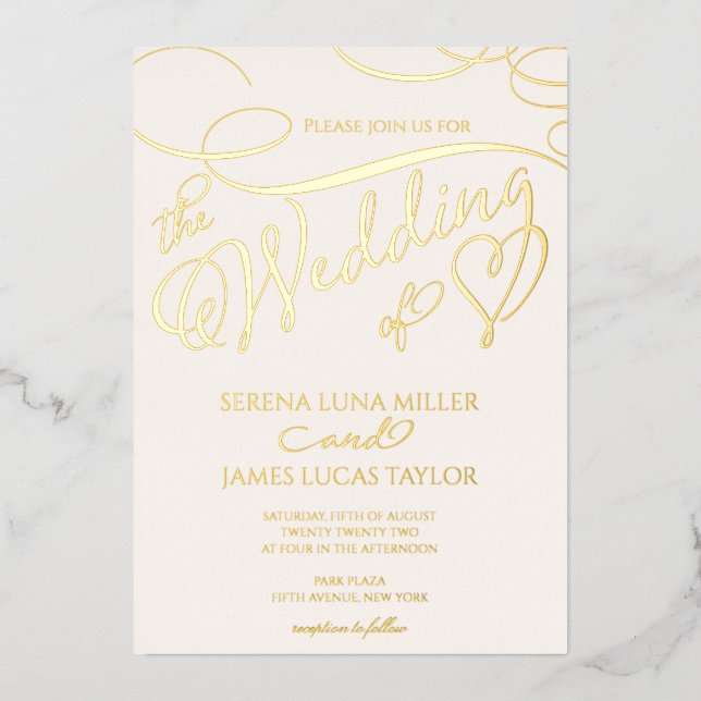 Invitación Con Relieve Metalizado Relieve metalizado dorado romántico Boda de caligr (Anverso)