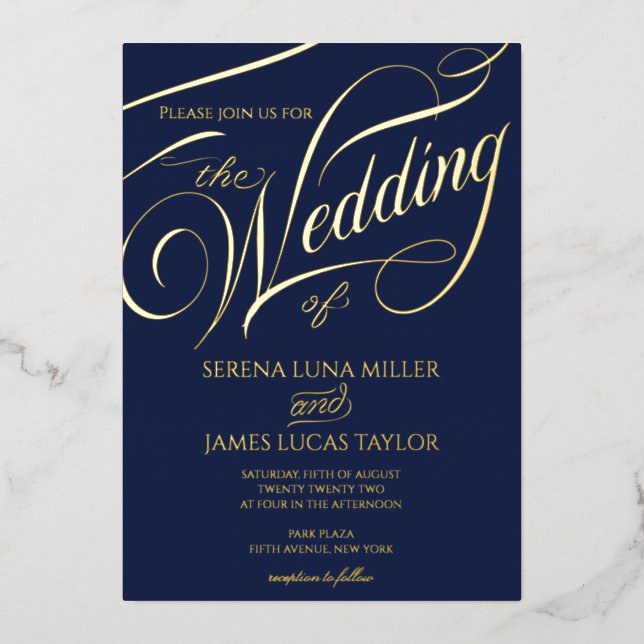 Invitación Con Relieve Metalizado Relieve metalizado dorado romántico Boda de caligr (Anverso)