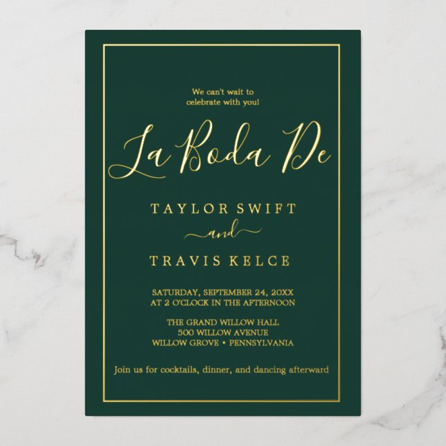 Invitación Con Relieve Metalizado Relieve metalizado dorado romántico | Marco esmera (Anverso)