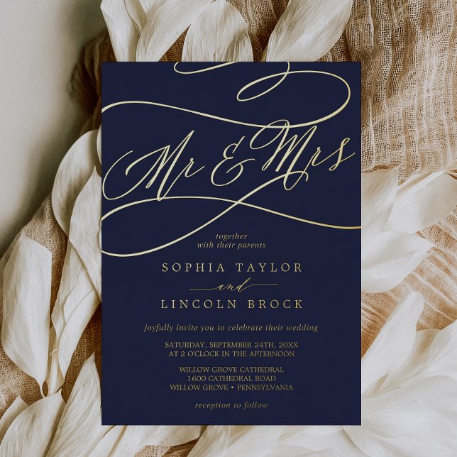 Invitación Con Relieve Metalizado Relieve metalizado dorado romántico | Navy Blue Mr (Subido por el creador)