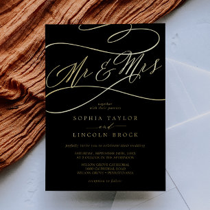 Invitación Con Relieve Metalizado Relieve metalizado dorado romántico Sr. negro y