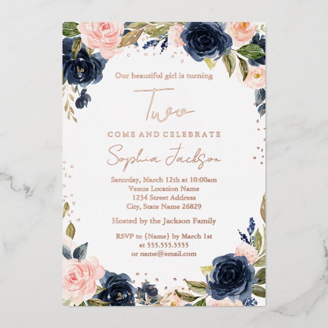 Invitación Con Relieve Metalizado RELIEVE METALIZADO DORADO ROSA Navy Rubor 2º Chica (Anverso)