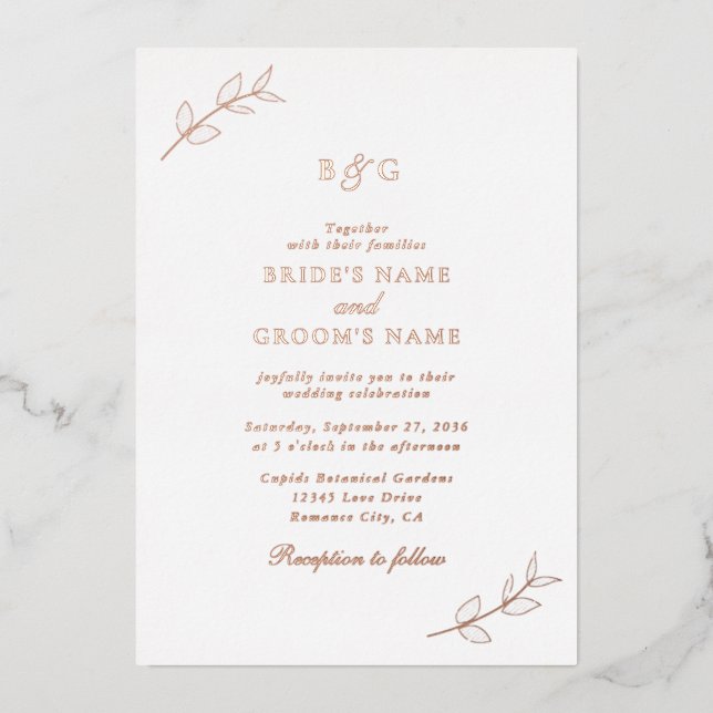 Invitación Con Relieve Metalizado Relieve metalizado dorado Rosa real deja Boda de m (Anverso)