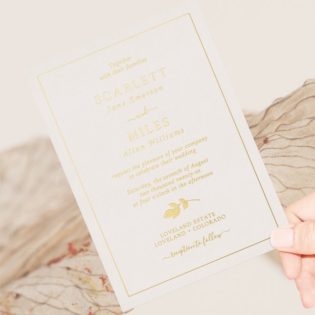 Invitación Con Relieve Metalizado Relieve metalizado dorado simple deja Boda (Simple Minimalist Gold Foil Leaves Wedding Foil Invitation by Painted Paperie
)