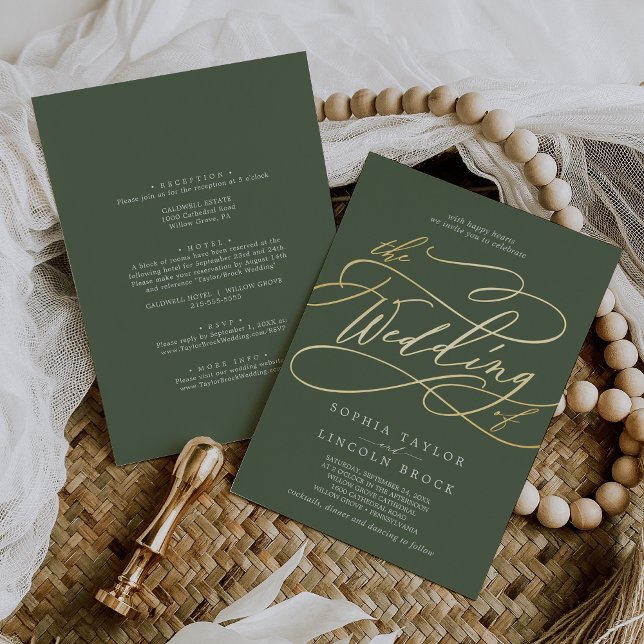 Invitación Con Relieve Metalizado RELIEVE METALIZADO DORADO SOPHIA Boda verde oliva  (SOPHIA Gold Foil Woodland Olive Green Wedding Foil Invitation)