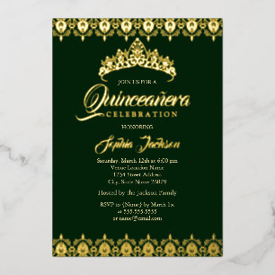 Invitación Con Relieve Metalizado Relieve metalizado dorado Tiara Emerald Quinceaner