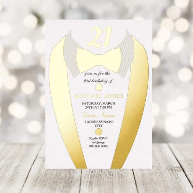 Invitación Con Relieve Metalizado Relieve metalizado dorado Tuxedo Suit Mens 21ª Fie (Subido por el creador)