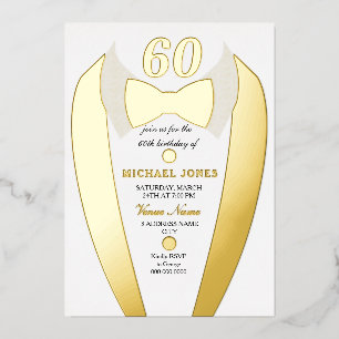 Invitación Con Relieve Metalizado Relieve metalizado dorado Tuxedo Suit Mens 60 cump