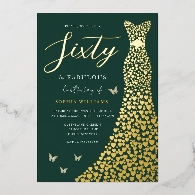 Invitación Con Relieve Metalizado Relieve metalizado dorado verde esmeralda vestido  (Anverso)