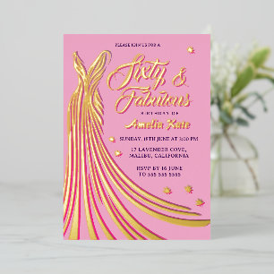 Invitación Con Relieve Metalizado Relieve metalizado dorado vestido rosa 60 cumpleañ