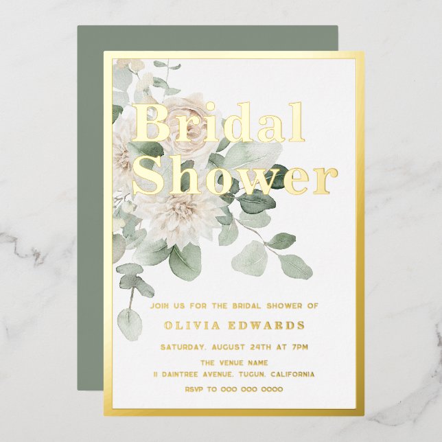 Invitación Con Relieve Metalizado Relieve metalizado dorado y ducha de novia floral  (Anverso/Reverso)